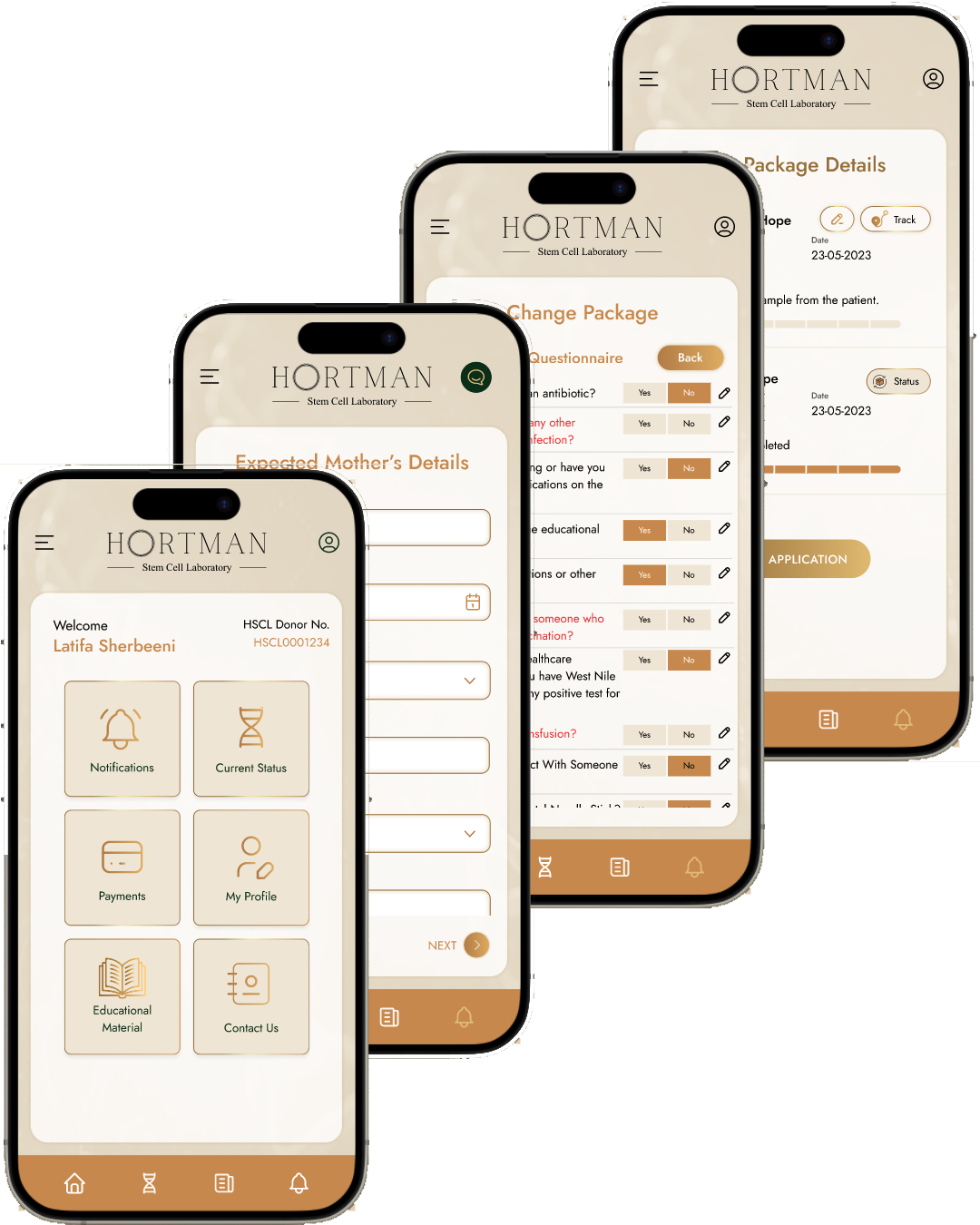 Hortman donor mobile app screens